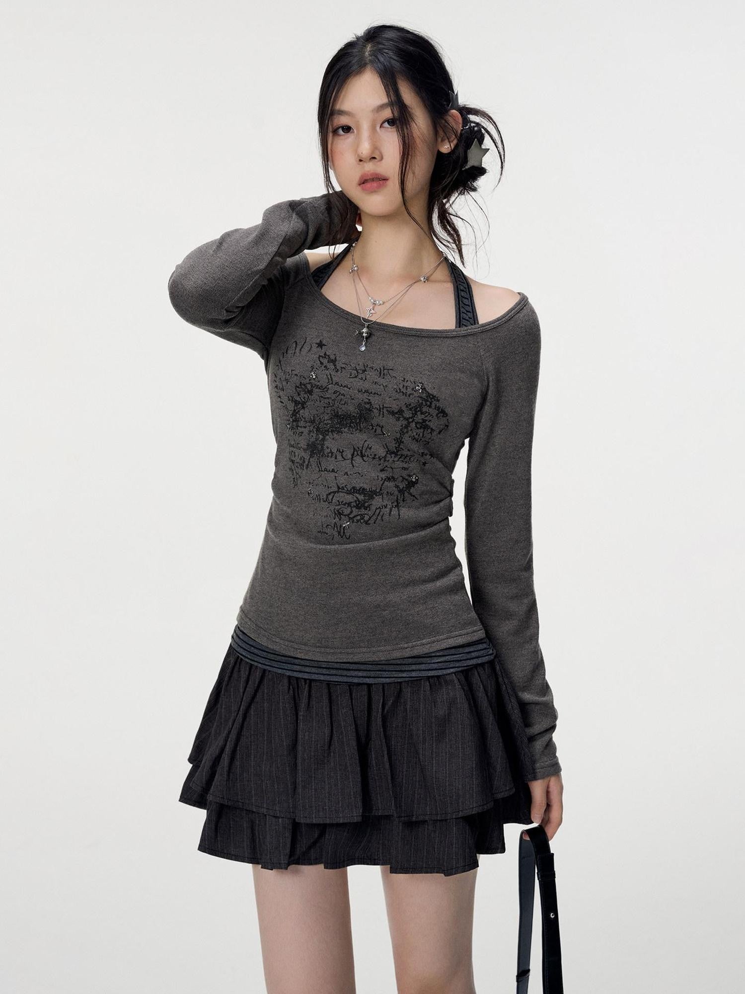 VEEMIX Halter One Shoulder Faux Layered Ruched 3d Women's Viscose Long Sleeve T-shirts