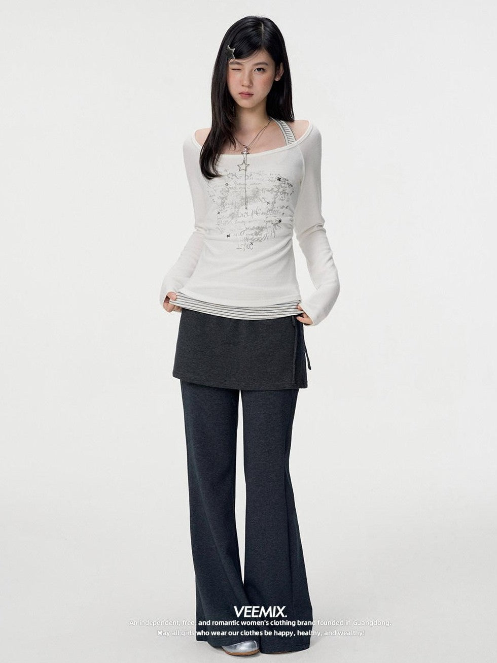 VEEMIX Halter One Shoulder Faux Layered Ruched 3d Women's Viscose Long Sleeve T-shirts