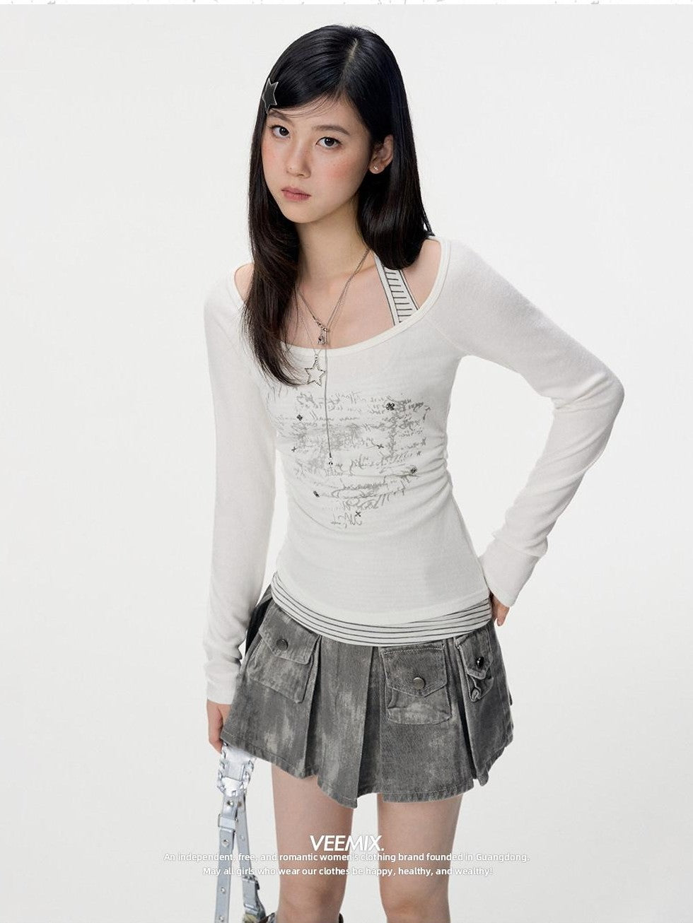 VEEMIX Halter One Shoulder Faux Layered Ruched 3d Women's Viscose Long Sleeve T-shirts