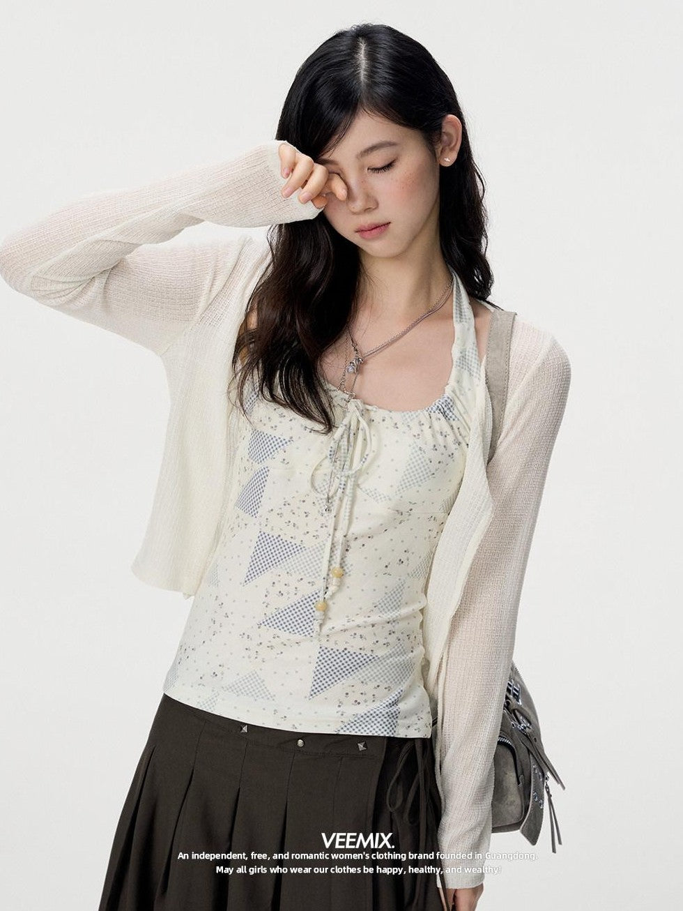 VEEMIX Halter Tie Floral Plaid Layered Two Piece Cami Women's Polyester Blend Cardigans