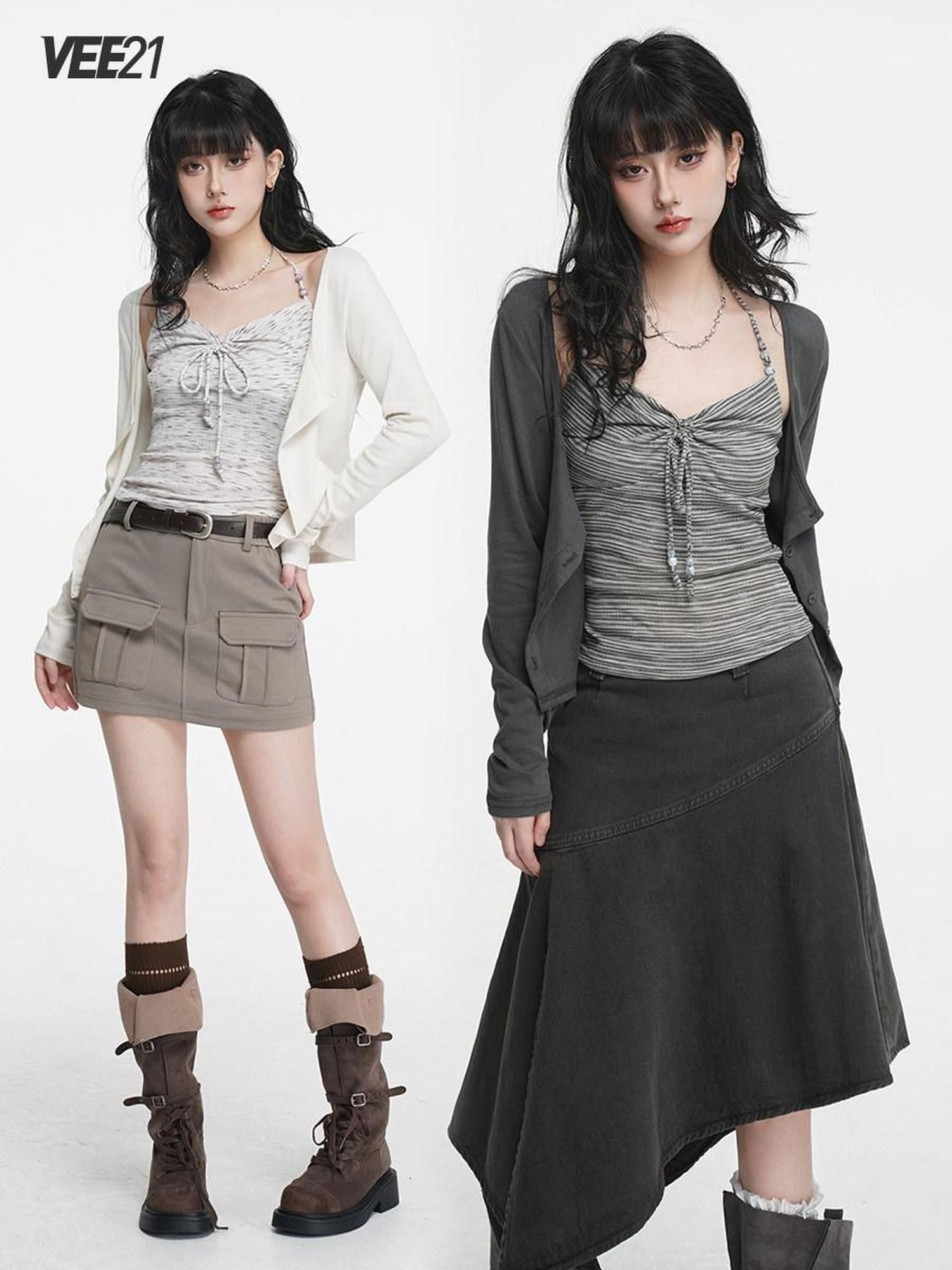 VEEMIX Halter Tie Ruched V-neck Short Slim Lyocell Viscose Blend Women's Cardigans