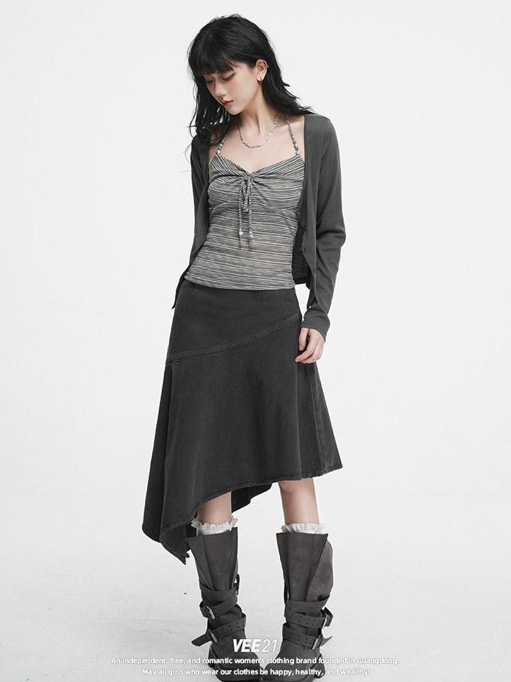 VEEMIX Halter Tie Ruched V-neck Short Slim Lyocell Viscose Blend Women's Cardigans