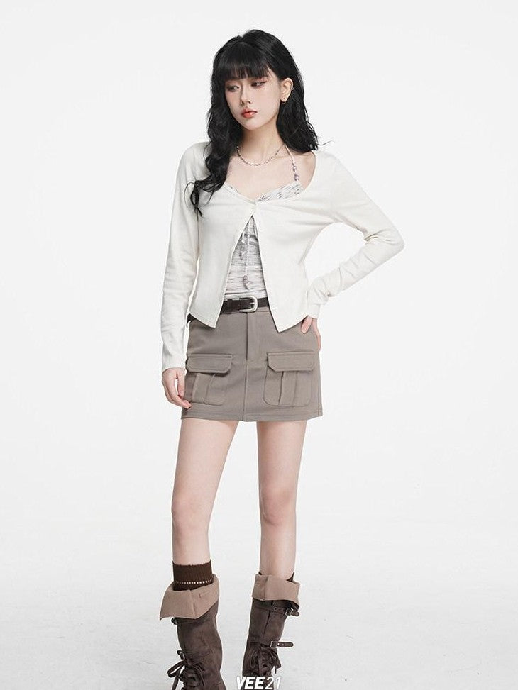 VEEMIX Halter Tie Ruched V-neck Short Slim Lyocell Viscose Blend Women's Cardigans