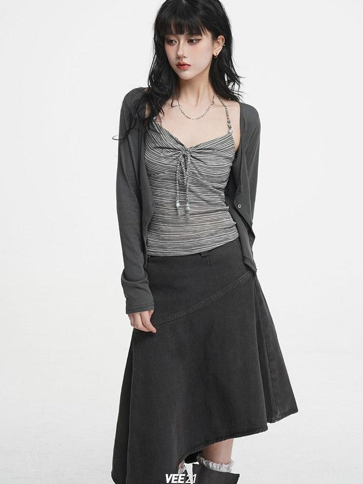 VEEMIX Halter Tie Ruched V-neck Short Slim Lyocell Viscose Blend Women's Cardigans
