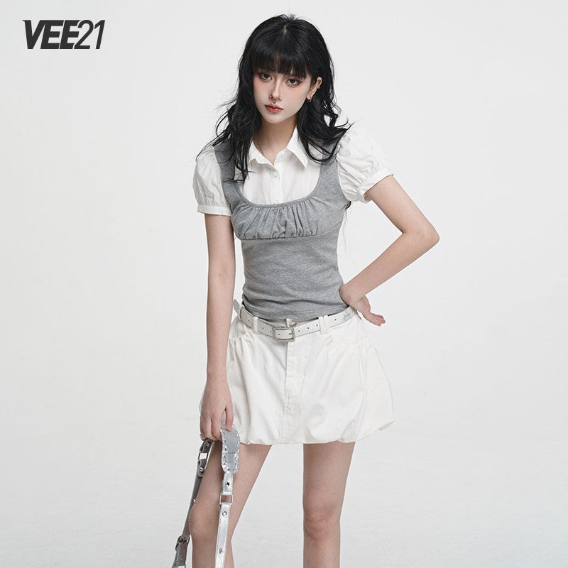 VEEMIX_Heather_Gray_Puff_Sleeve_Splice_Faux_Two_Piece_Women's_Short_Sleeve_T-shirts_1017458396470_MISSTT