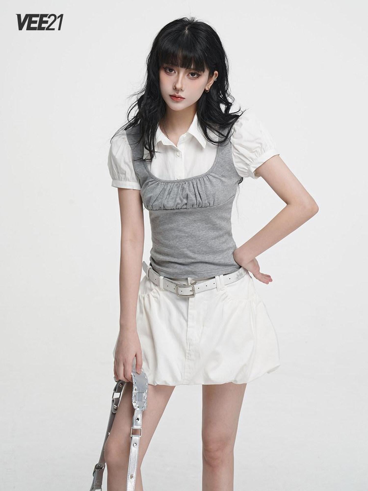VEEMIX Heather Gray Puff Sleeve Splice Faux Two Piece Women's Short Sleeve T-shirts