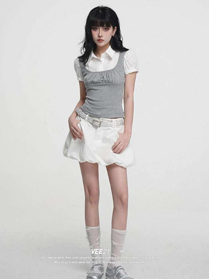 VEEMIX Heather Gray Puff Sleeve Splice Faux Two Piece Women's Short Sleeve T-shirts