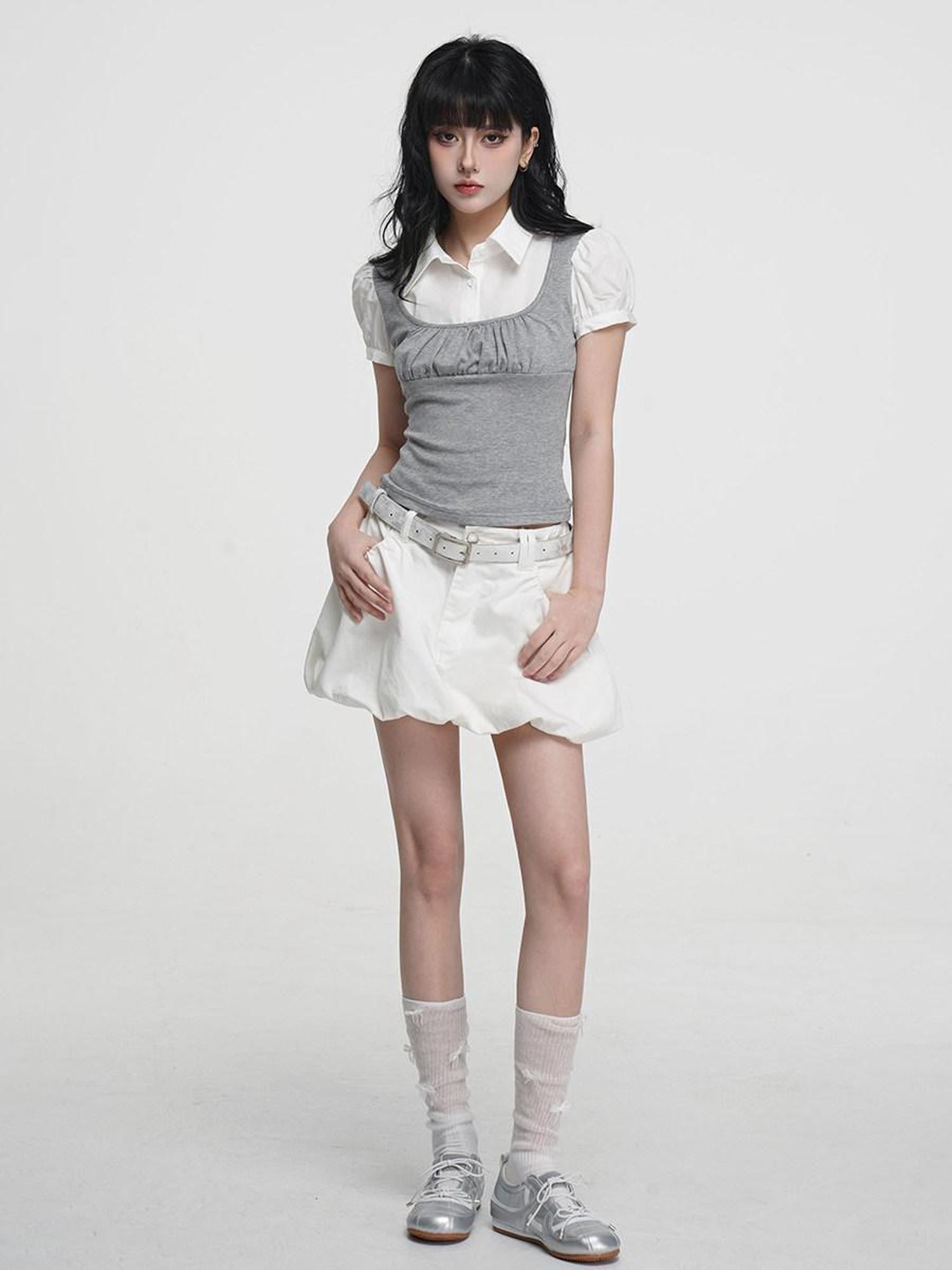 VEEMIX Heather Gray Puff Sleeve Splice Faux Two Piece Women's Short Sleeve T-shirts