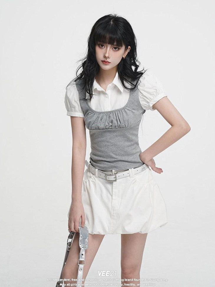 VEEMIX Heather Gray Puff Sleeve Splice Faux Two Piece Women's Short Sleeve T-shirts