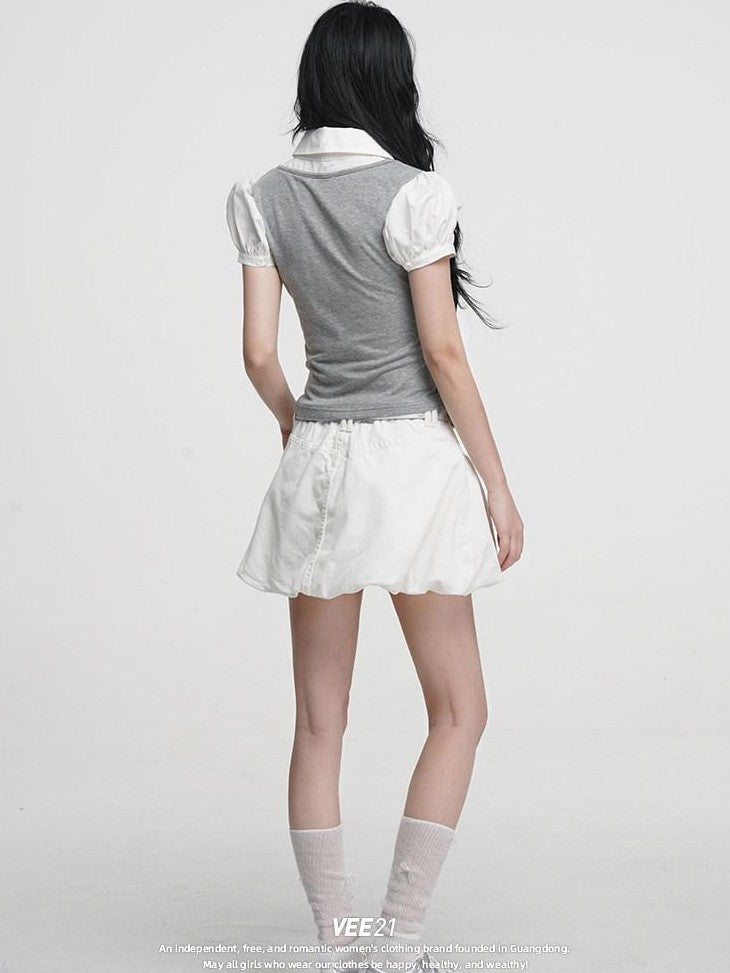 VEEMIX Heather Gray Puff Sleeve Splice Faux Two Piece Women's Short Sleeve T-shirts