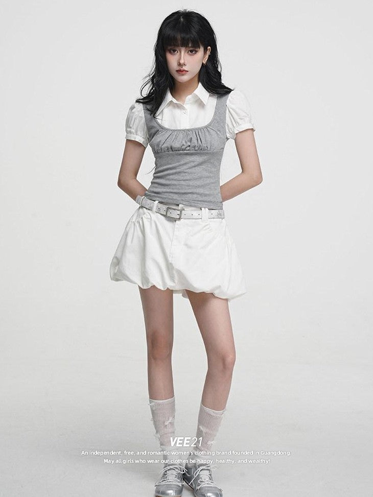 VEEMIX Heather Gray Puff Sleeve Splice Faux Two Piece Women's Short Sleeve T-shirts