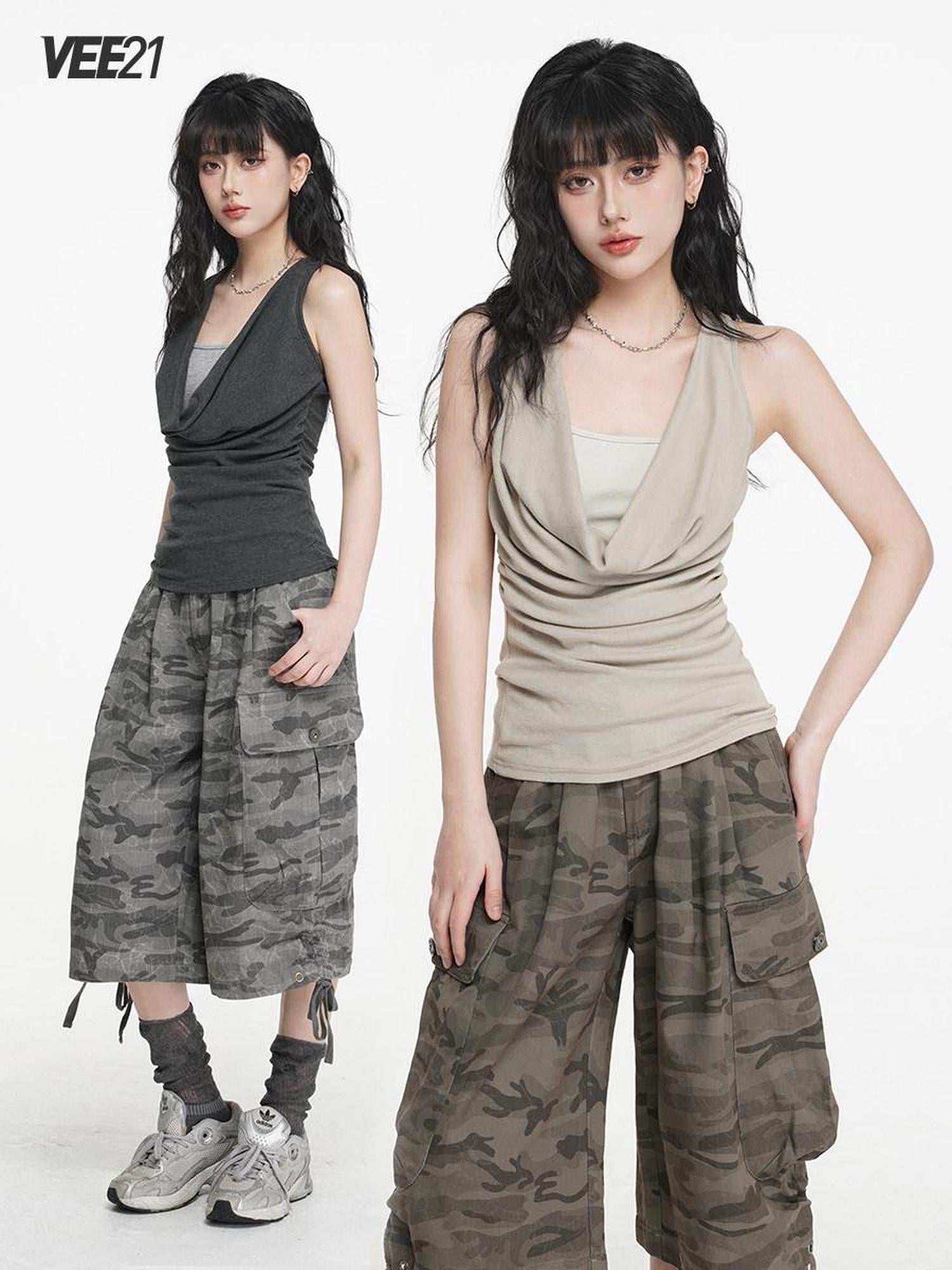 VEEMIX Heather Gray Ruching Cowl Neck Layered Slim Women's Cotton Blend Tank Tops
