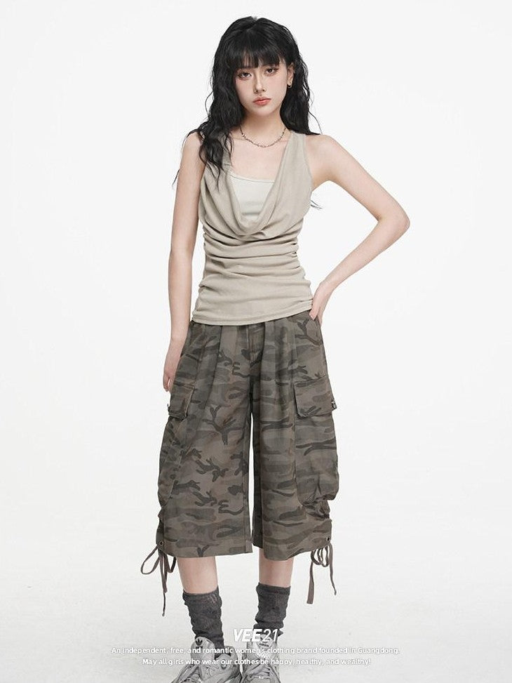 VEEMIX Heather Gray Ruching Cowl Neck Layered Slim Women's Cotton Blend Tank Tops