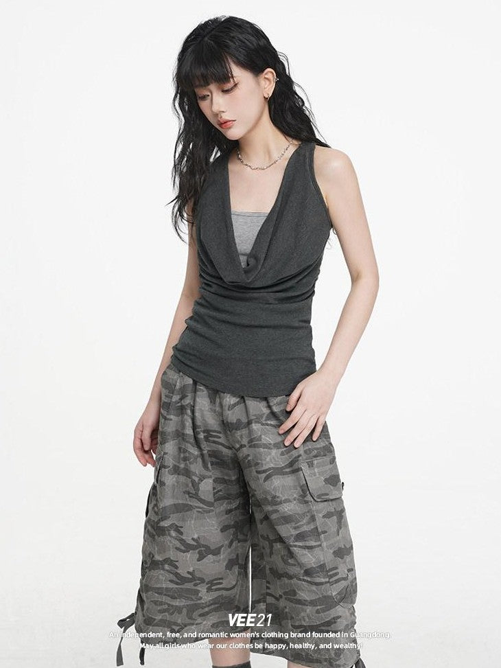 VEEMIX Heather Gray Ruching Cowl Neck Layered Slim Women's Cotton Blend Tank Tops