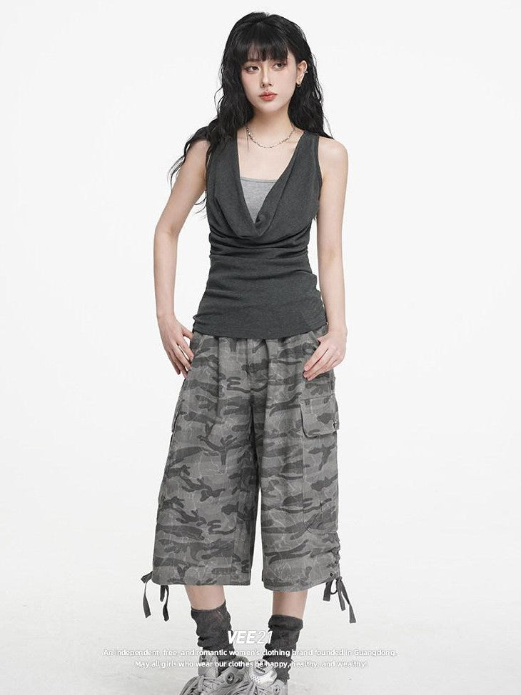 VEEMIX Heather Gray Ruching Cowl Neck Layered Slim Women's Cotton Blend Tank Tops