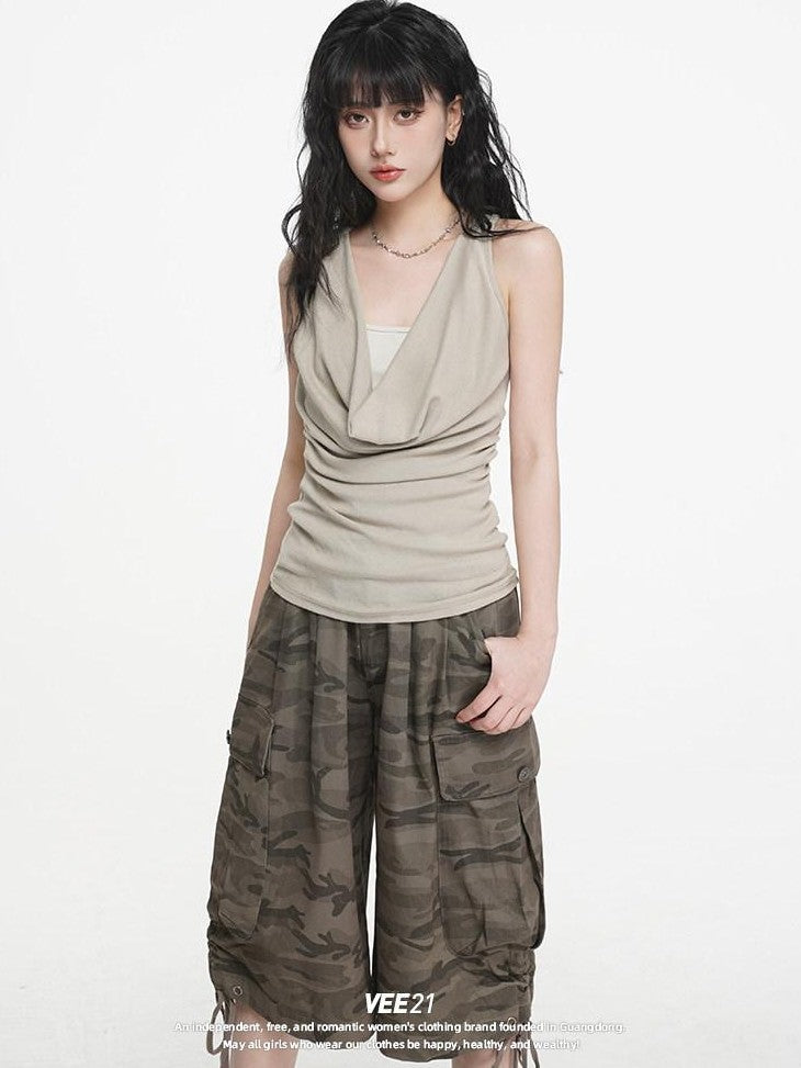 VEEMIX Heather Gray Ruching Cowl Neck Layered Slim Women's Cotton Blend Tank Tops