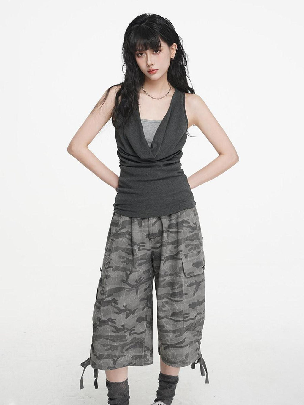 VEEMIX Heather Gray Ruching Cowl Neck Layered Slim Women's Cotton Blend Tank Tops
