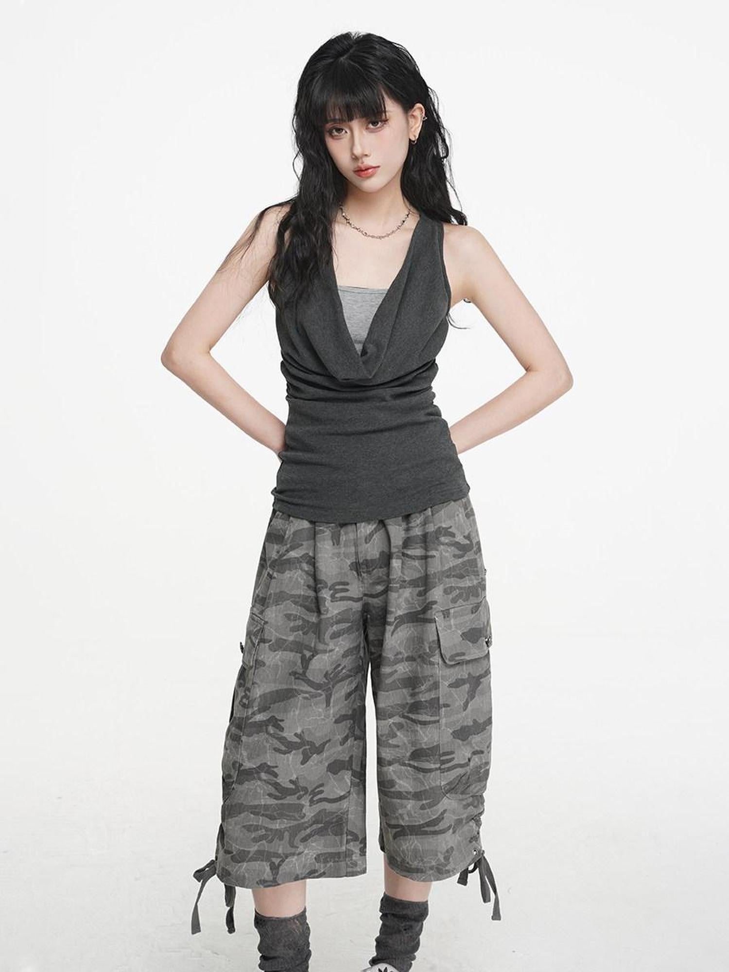 VEEMIX Heather Gray Ruching Cowl Neck Layered Slim Women's Cotton Blend Tank Tops
