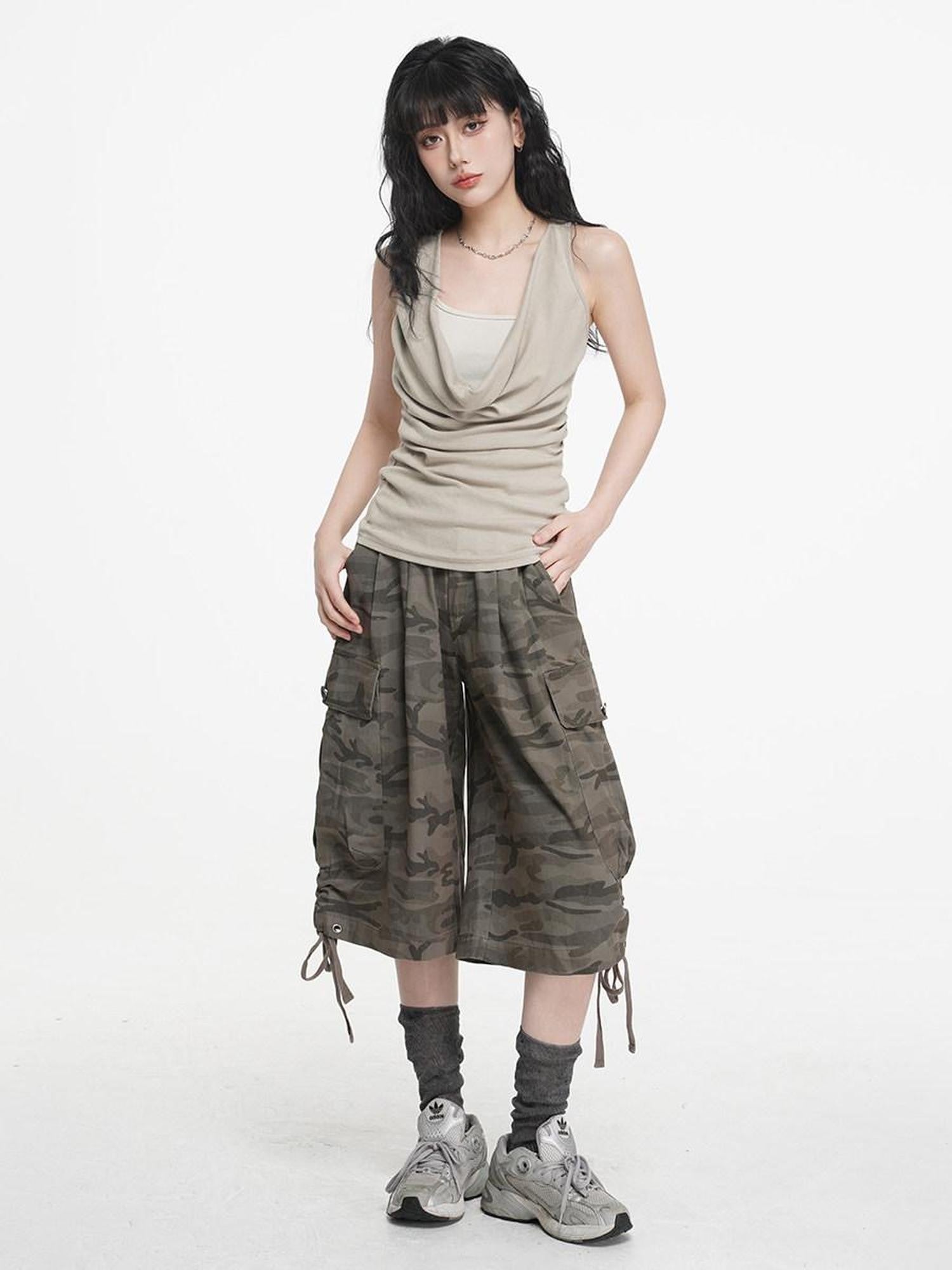 VEEMIX Heather Gray Ruching Cowl Neck Layered Slim Women's Cotton Blend Tank Tops