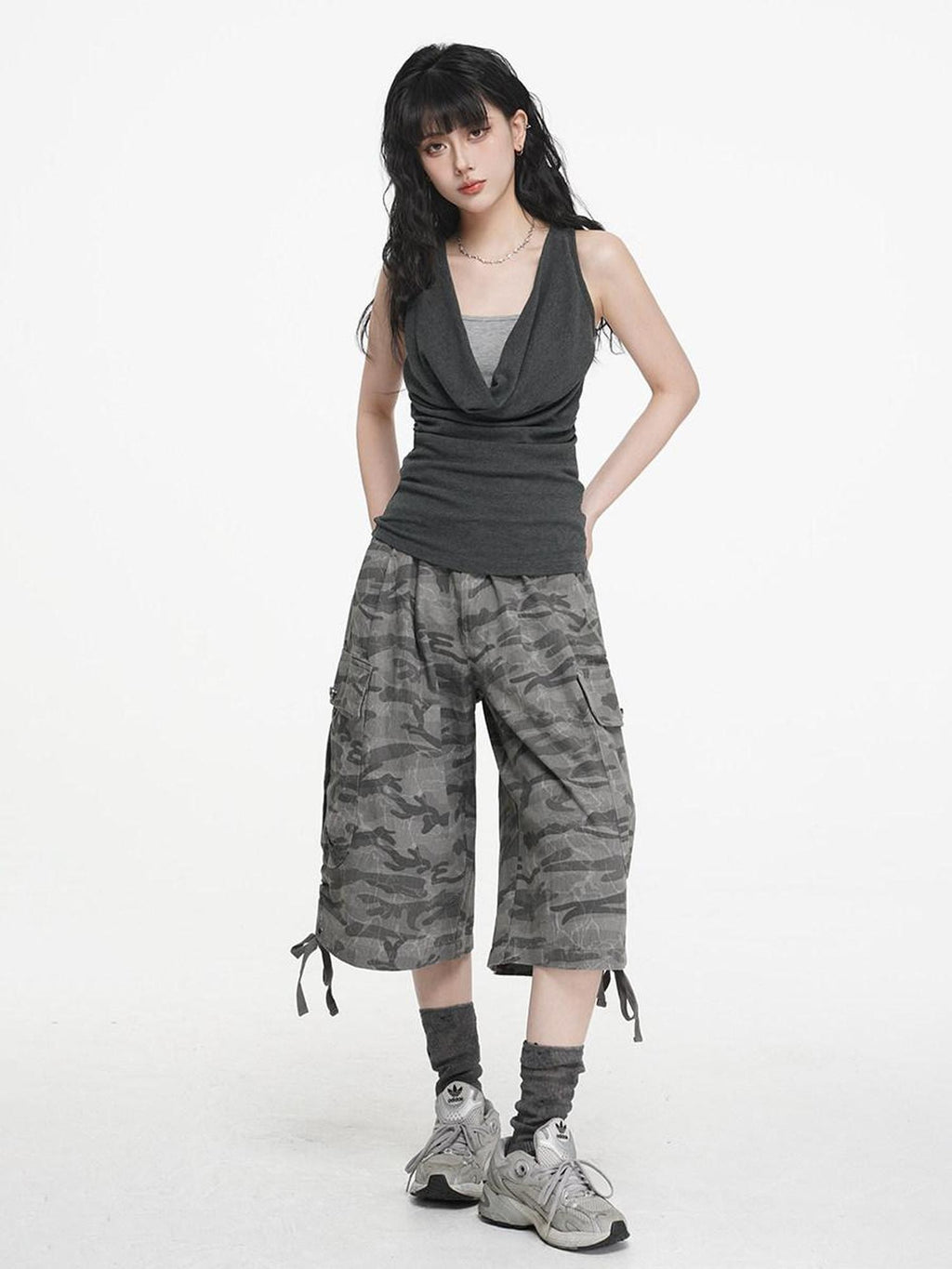 VEEMIX Heather Gray Ruching Cowl Neck Layered Slim Women's Cotton Blend Tank Tops