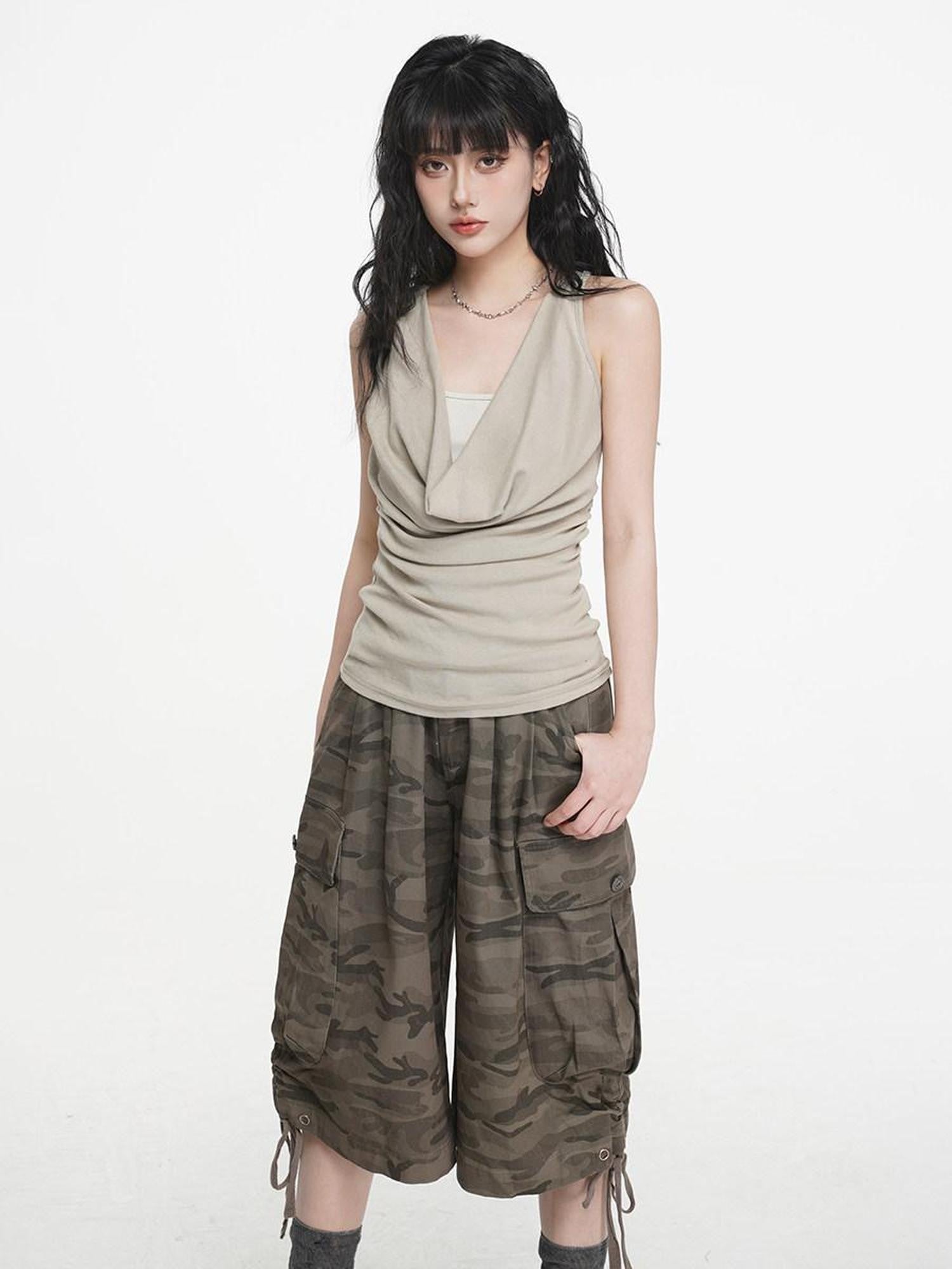 VEEMIX Heather Gray Ruching Cowl Neck Layered Slim Women's Cotton Blend Tank Tops