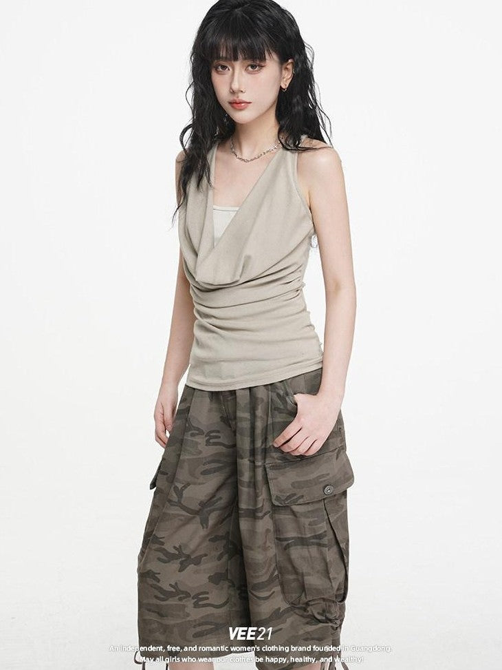 VEEMIX Heather Gray Ruching Cowl Neck Layered Slim Women's Cotton Blend Tank Tops