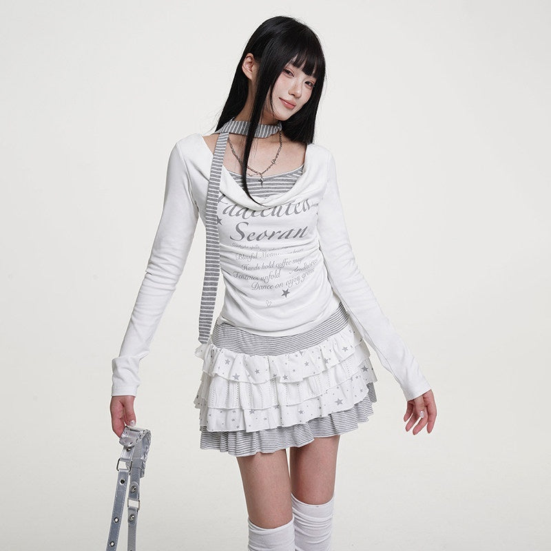 VEEMIX_Heather_Gray_Two_Piece_Look_Letter_Print_Gathered_Women's_Long_Sleeve_T-shirts_987753375947_MISSTT