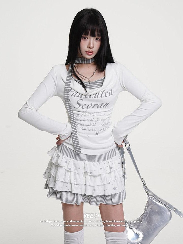 VEEMIX Heather Gray Two Piece Look Letter Print Gathered Women's Long Sleeve T-shirts