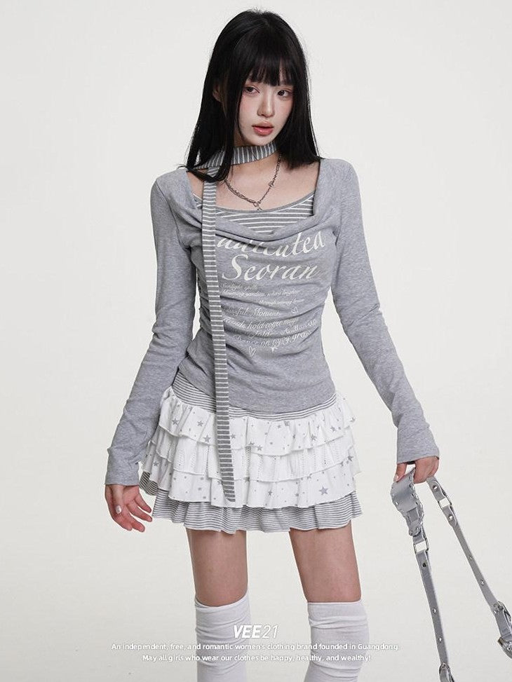 VEEMIX Heather Gray Two Piece Look Letter Print Gathered Women's Long Sleeve T-shirts