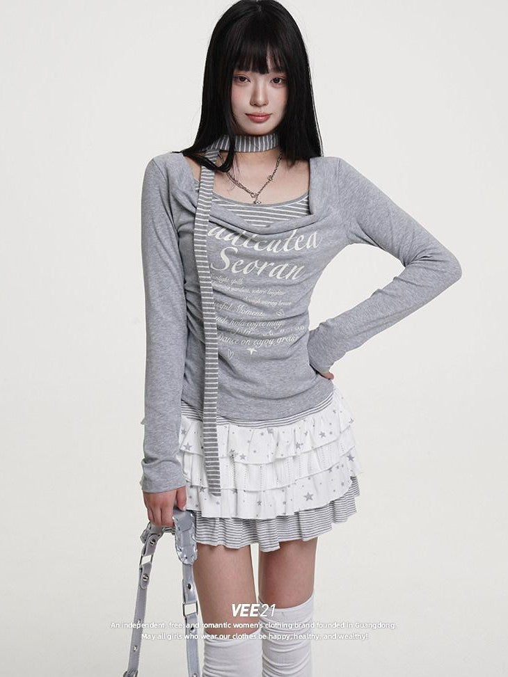 VEEMIX Heather Gray Two Piece Look Letter Print Gathered Women's Long Sleeve T-shirts