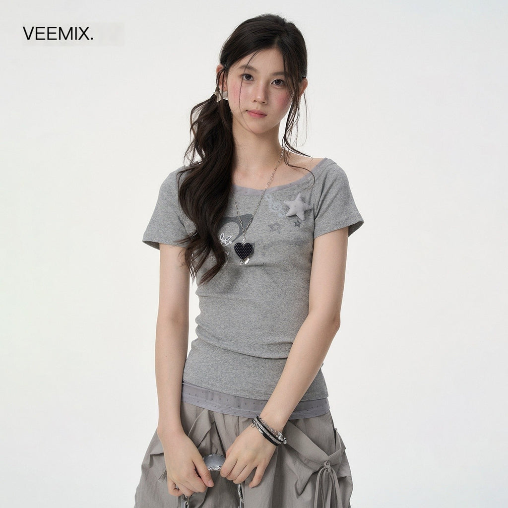 VEEMIX_Heather_Grey_3d_Cartoon_Print_Fake_Layer_Women's_Cotton_Slim_T-shirts_1053834339879_MISSTT