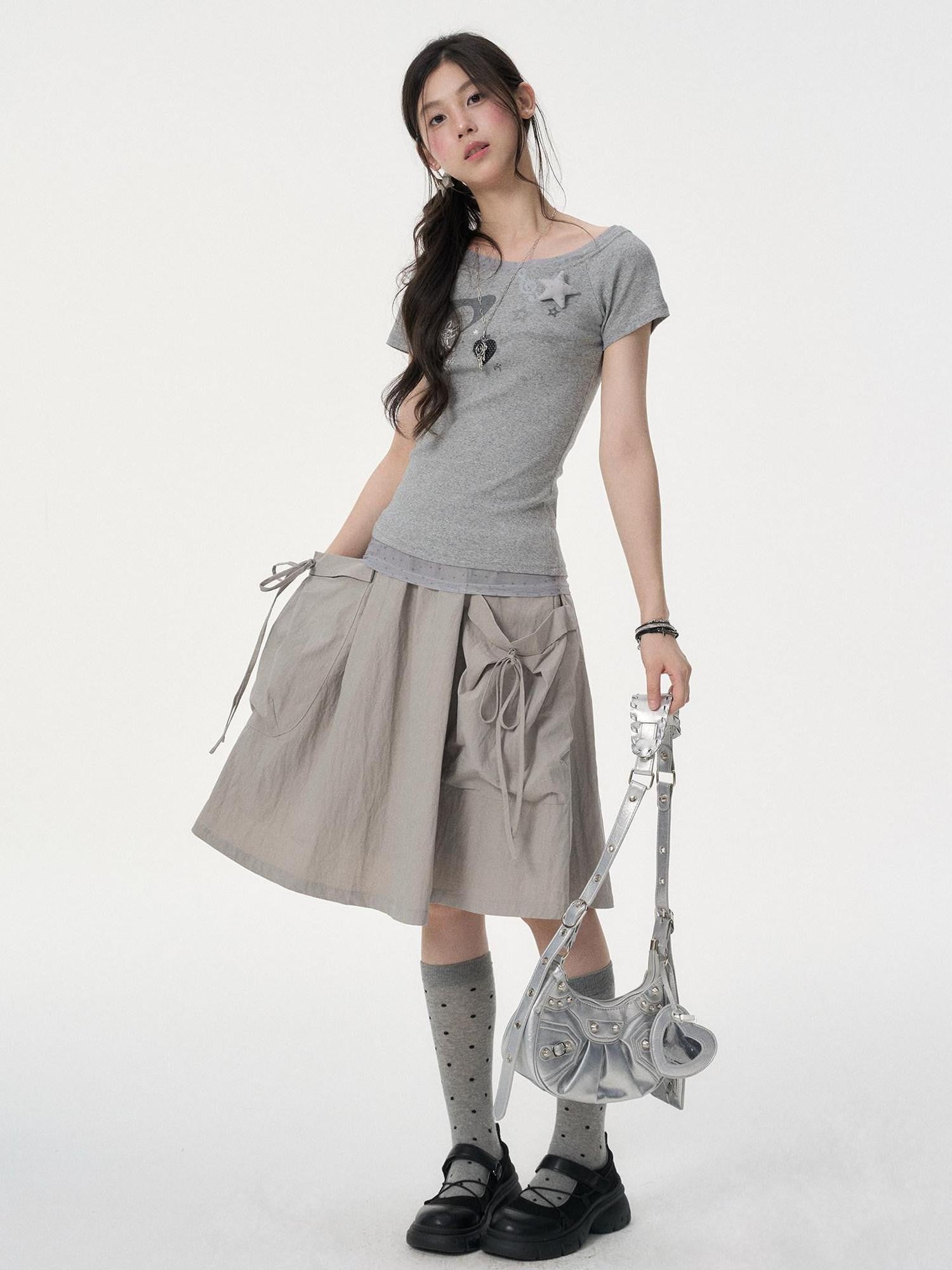 VEEMIX Heather Grey 3d Cartoon Print Fake Layer Women's Cotton Slim T-shirts