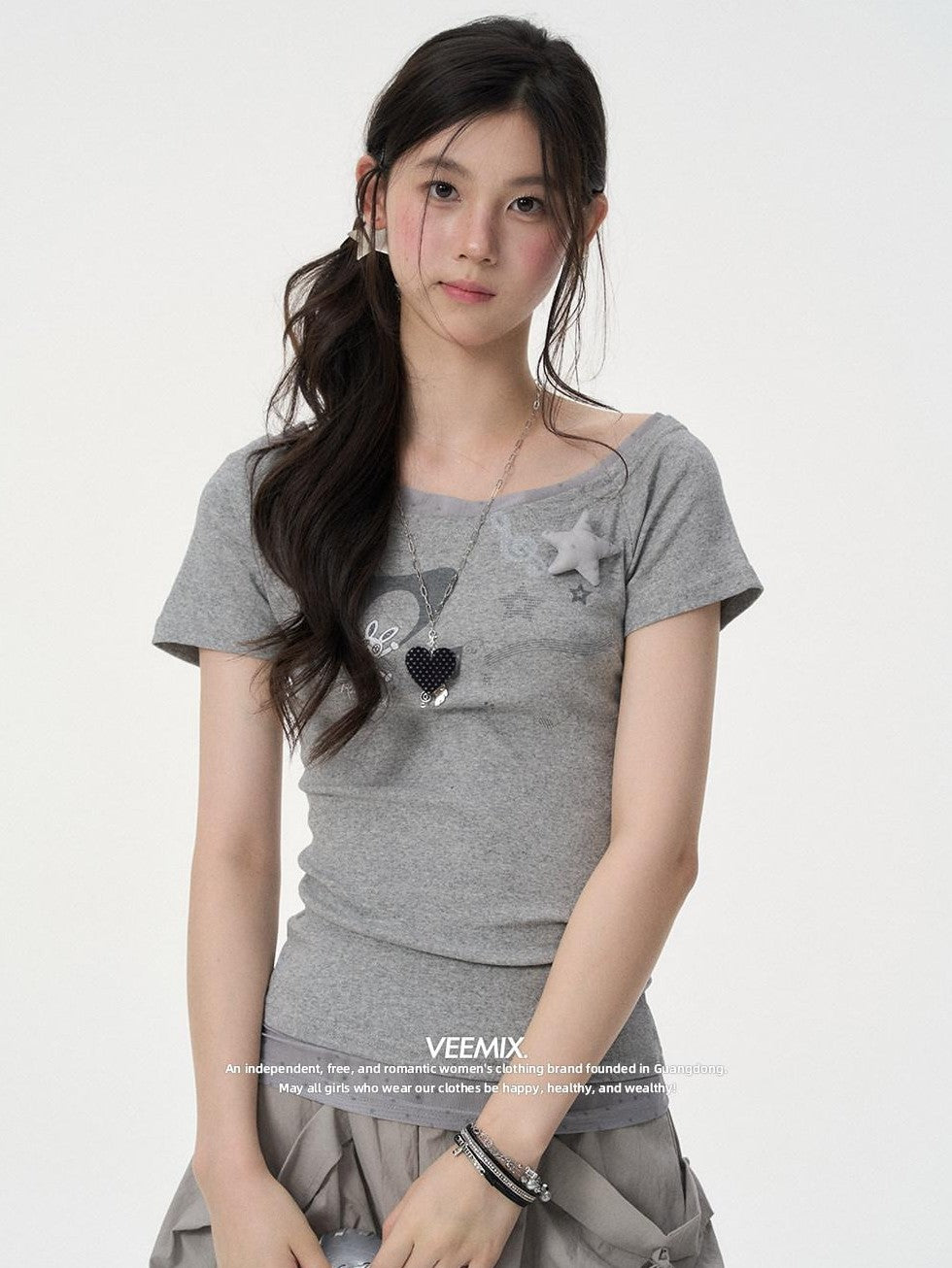 VEEMIX Heather Grey 3d Cartoon Print Fake Layer Women's Cotton Slim T-shirts