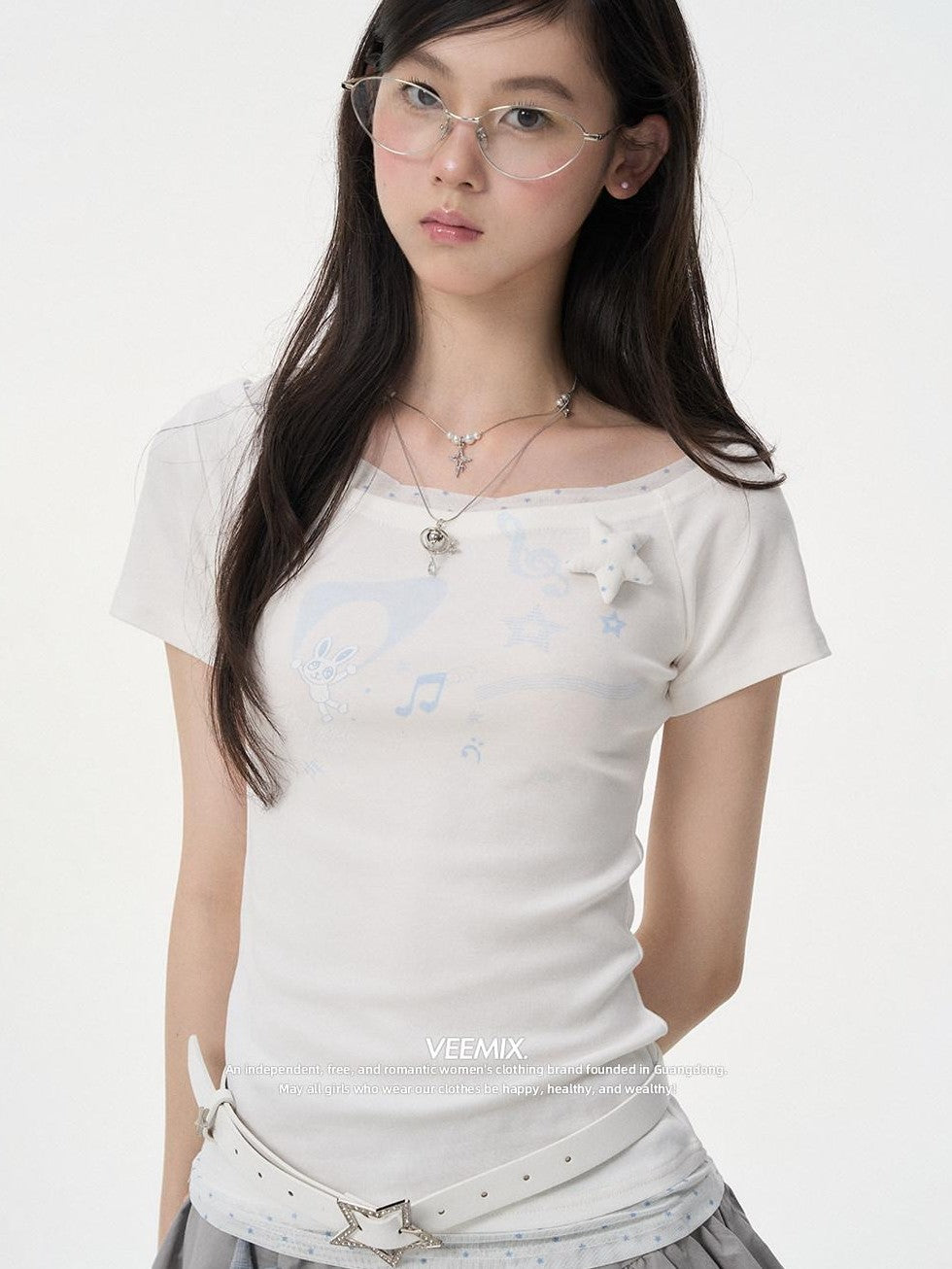 VEEMIX Heather Grey 3d Cartoon Print Fake Layer Women's Cotton Slim T-shirts