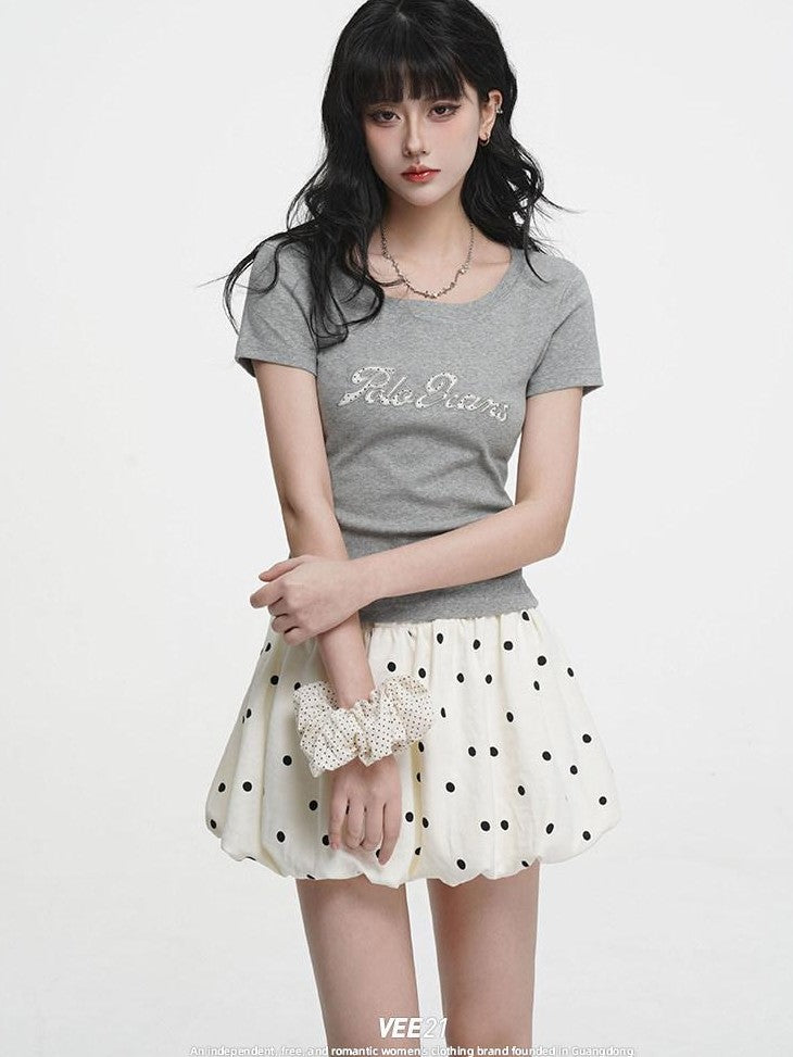 VEEMIX Heather Grey Embroidered Letter Slim Round Neck Women's Cotton Blend Crop Tops