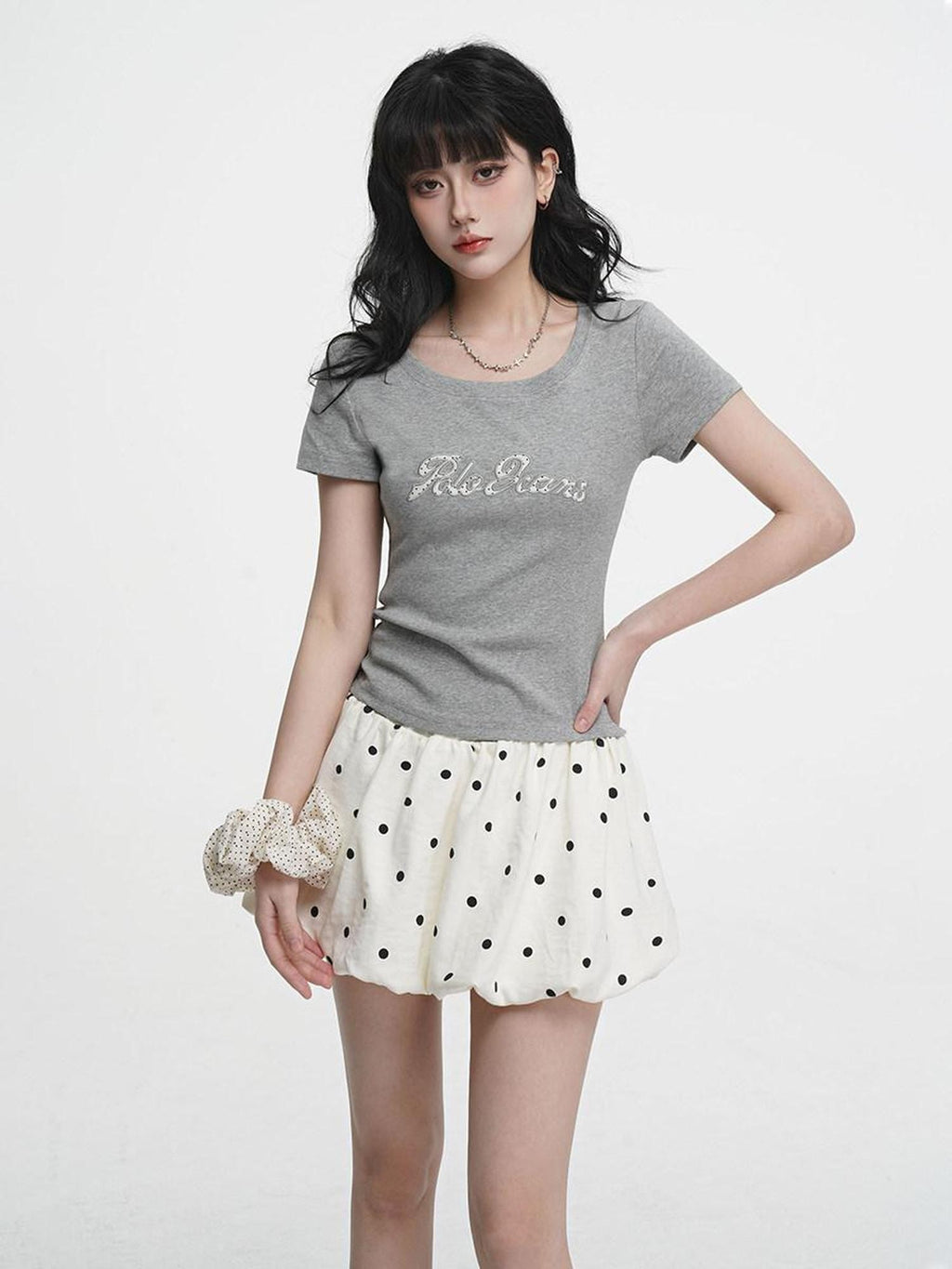 VEEMIX Heather Grey Embroidered Letter Slim Round Neck Women's Cotton Blend Crop Tops