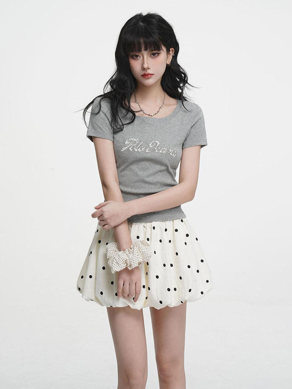 VEEMIX Heather Grey Embroidered Letter Slim Round Neck Women's Cotton Blend Crop Tops