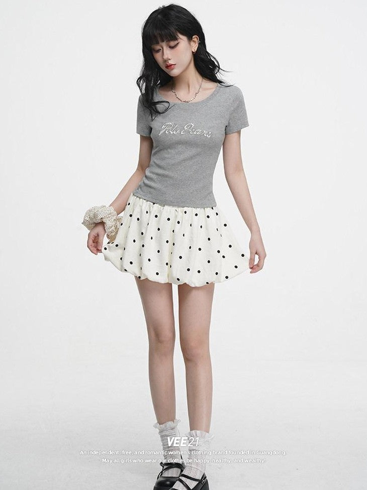 VEEMIX Heather Grey Embroidered Letter Slim Round Neck Women's Cotton Blend Crop Tops