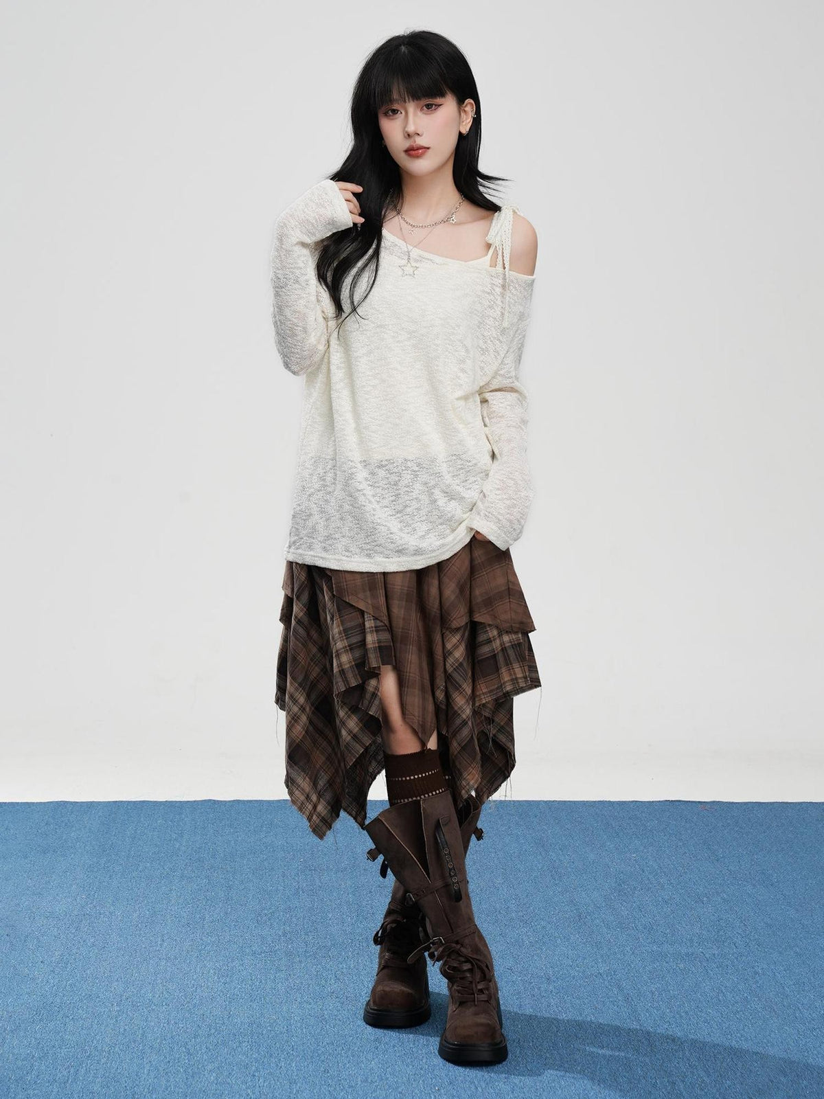 VEEMIX Hollow Out Asymmetric Neck Loose Fit Knit Women's Long Sleeve T-shirts