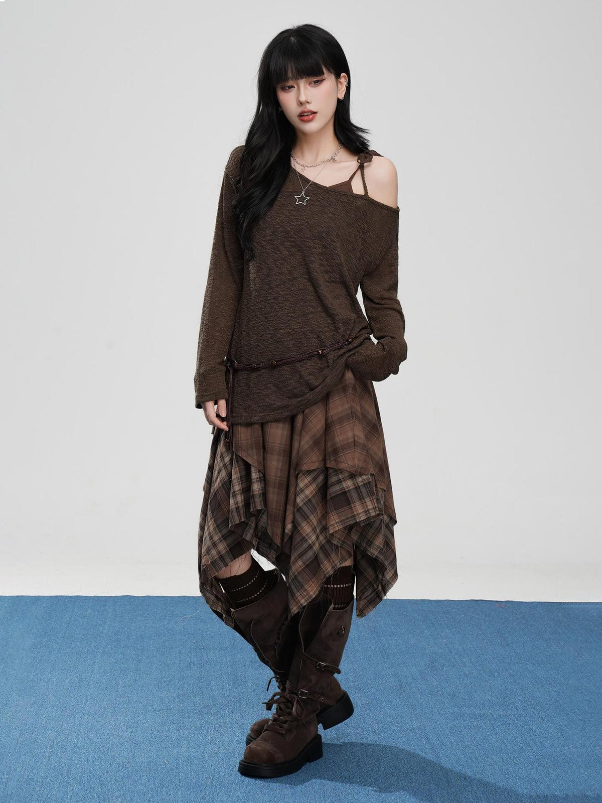 VEEMIX Hollow Out Asymmetric Neck Loose Fit Knit Women's Long Sleeve T-shirts