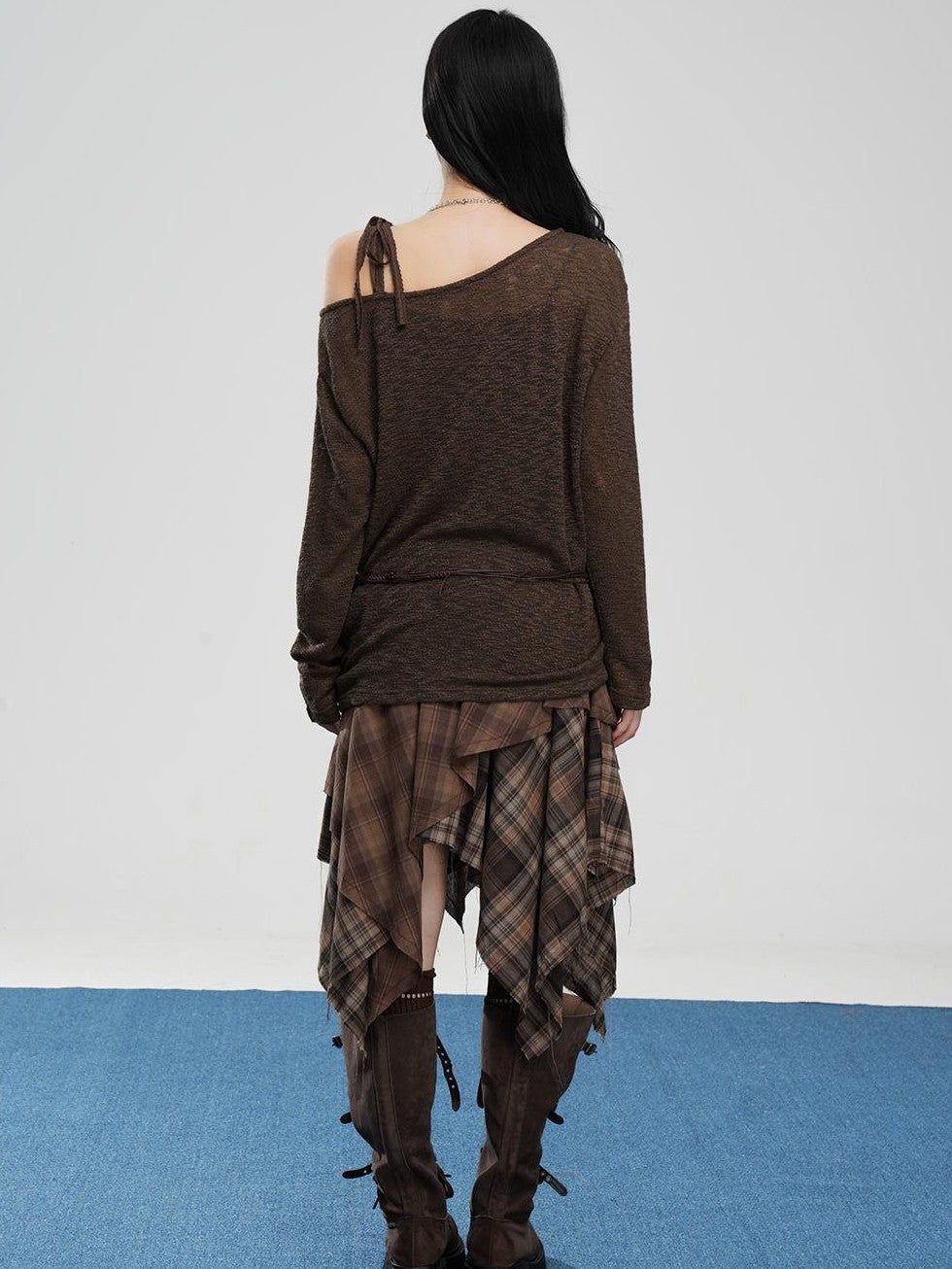 VEEMIX Hollow Out Asymmetric Neck Loose Fit Knit Women's Long Sleeve T-shirts