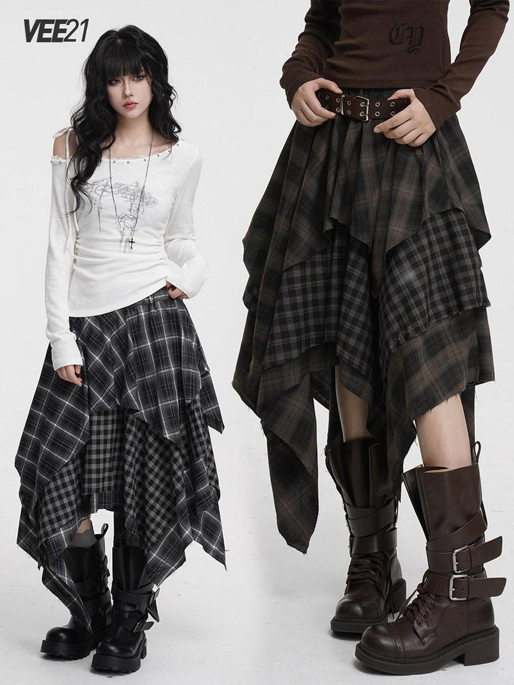 VEEMIX Irregular Plaid Asymmetric A Line Layered Women's Polyester Maxi Skirts