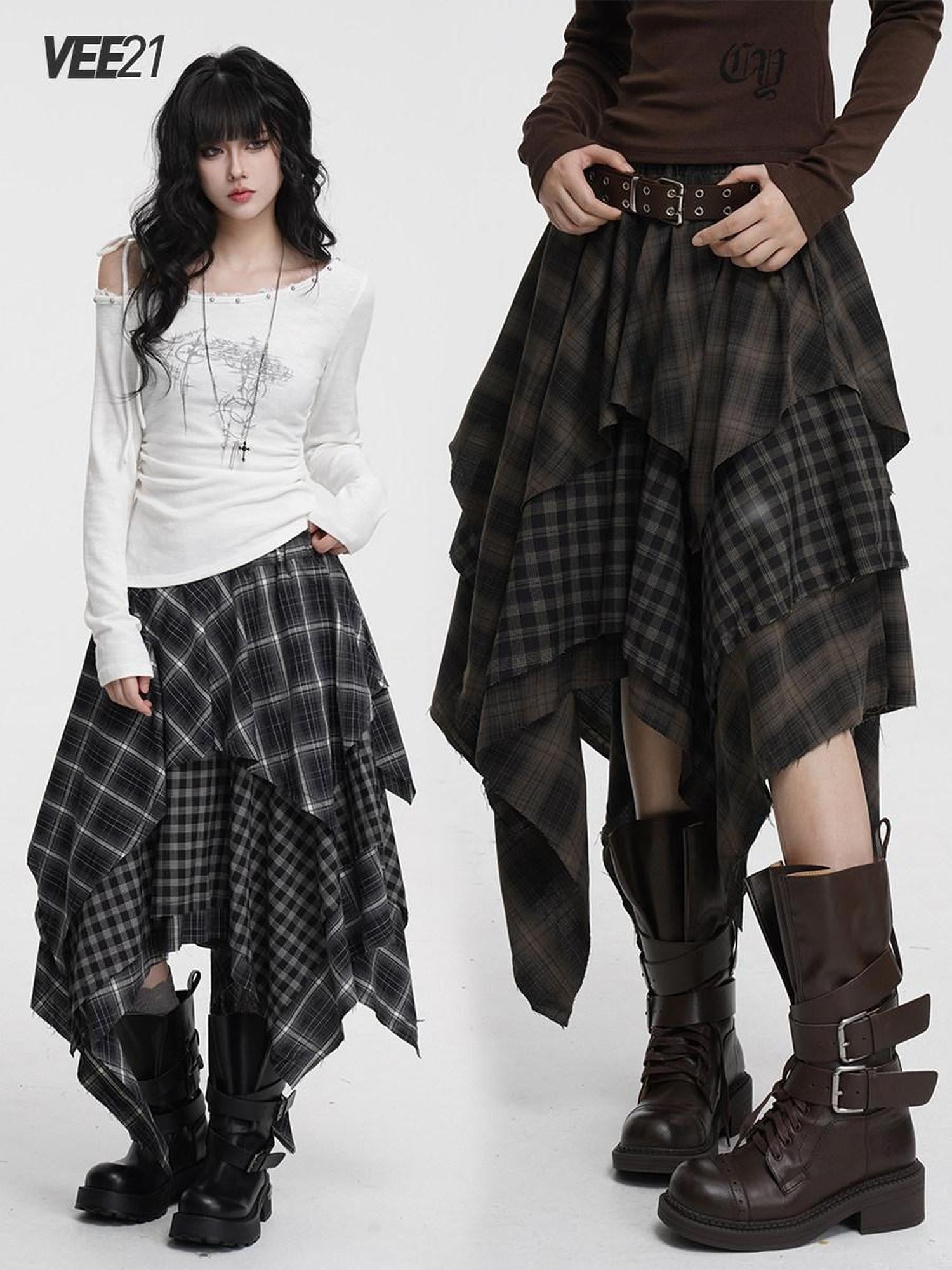 VEEMIX Irregular Plaid Asymmetric A Line Layered Women's Polyester Maxi Skirts