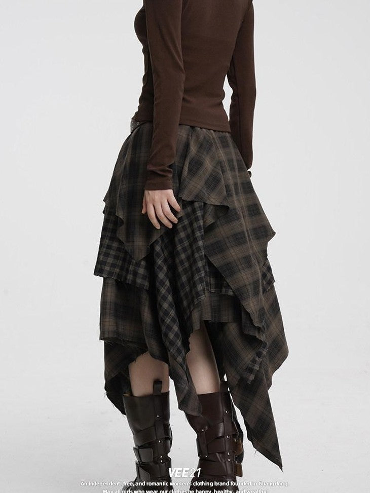 VEEMIX Irregular Plaid Asymmetric A Line Layered Women's Polyester Maxi Skirts