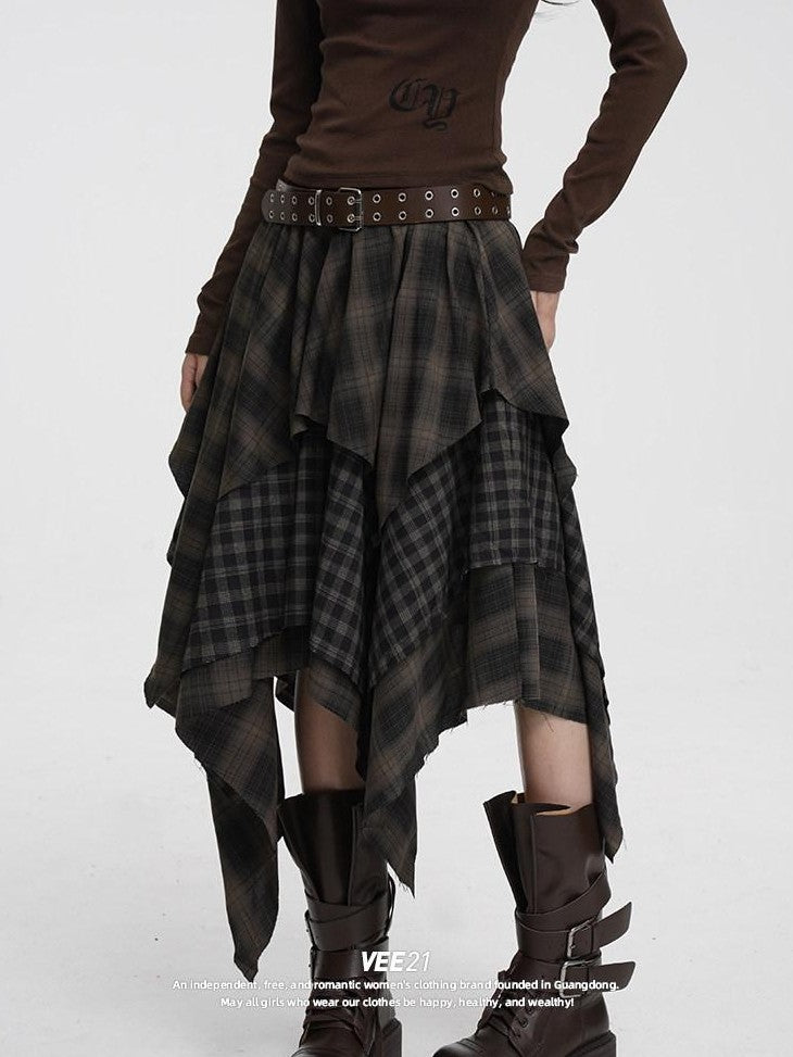 VEEMIX Irregular Plaid Asymmetric A Line Layered Women's Polyester Maxi Skirts