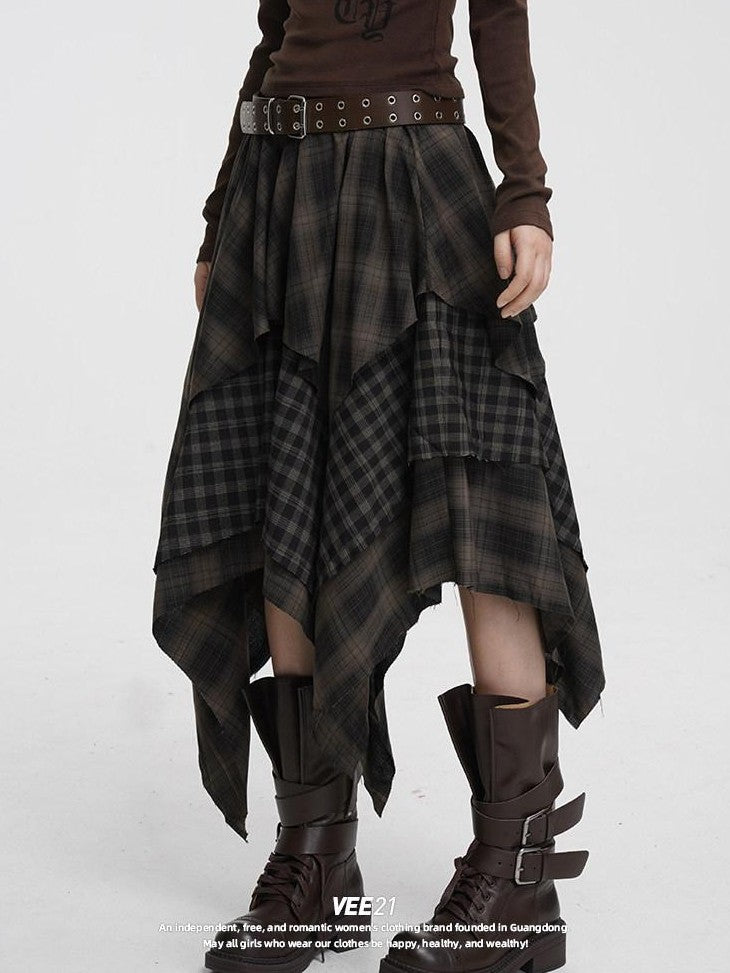 VEEMIX Irregular Plaid Asymmetric A Line Layered Women's Polyester Maxi Skirts