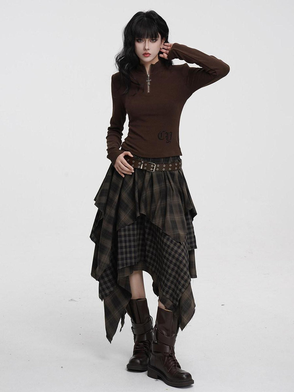 VEEMIX Irregular Plaid Asymmetric A Line Layered Women's Polyester Maxi Skirts