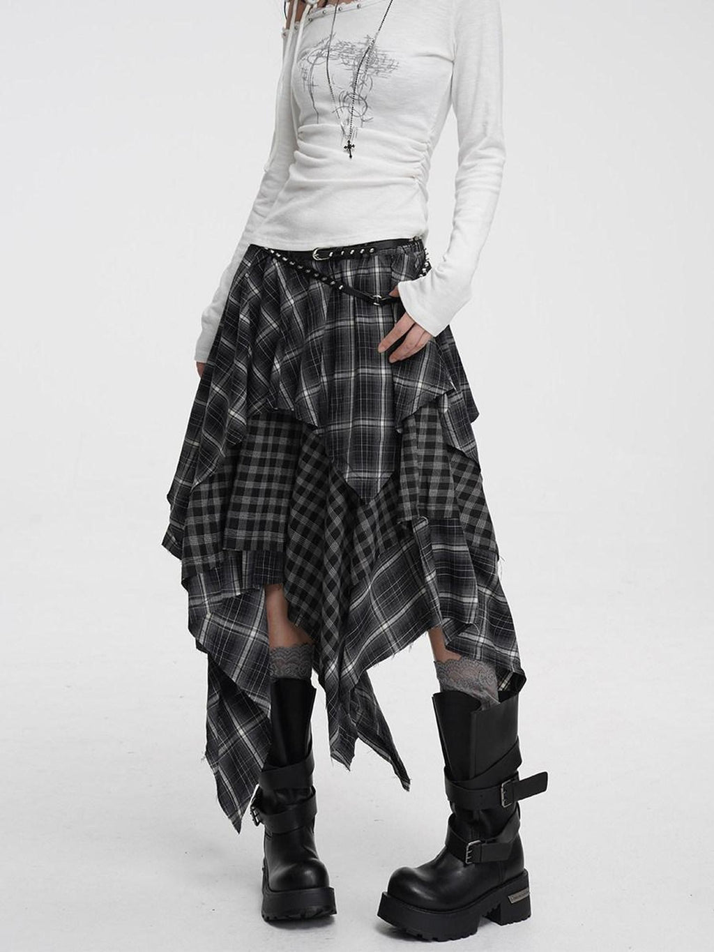 VEEMIX Irregular Plaid Asymmetric A Line Layered Women's Polyester Maxi Skirts