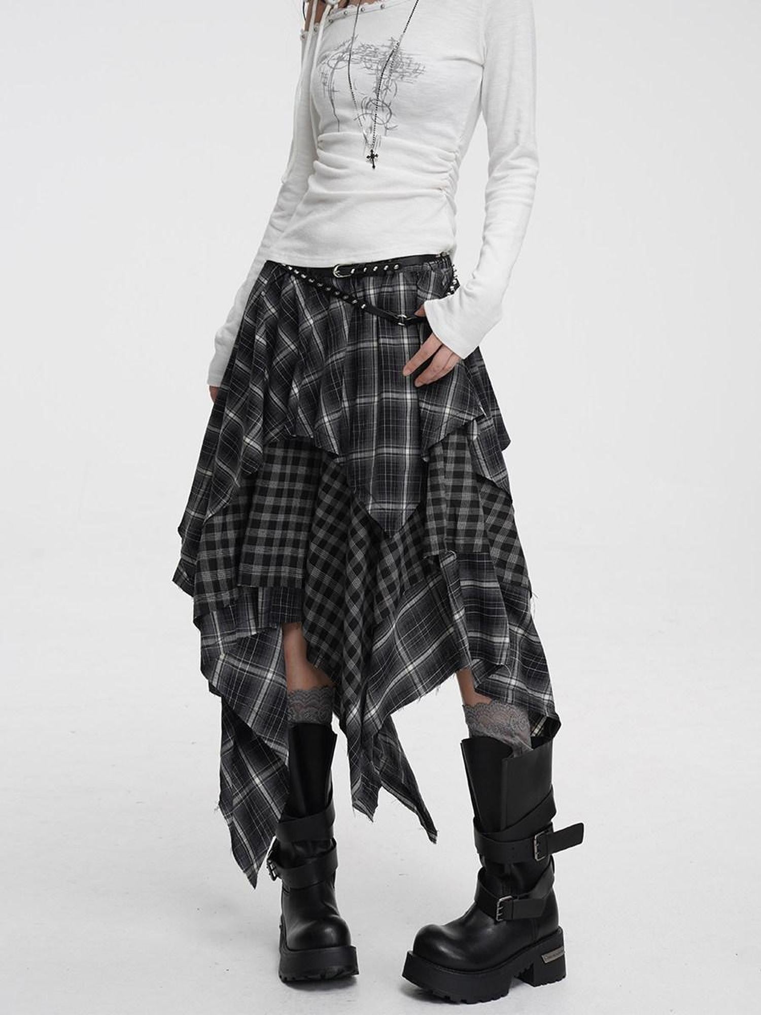 VEEMIX Irregular Plaid Asymmetric A Line Layered Women's Polyester Maxi Skirts