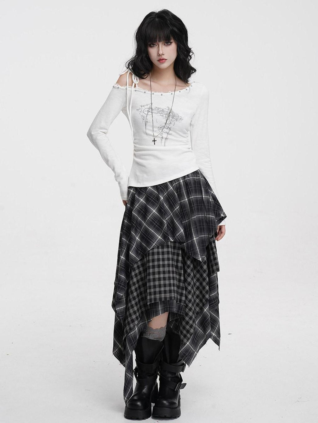 VEEMIX Irregular Plaid Asymmetric A Line Layered Women's Polyester Maxi Skirts